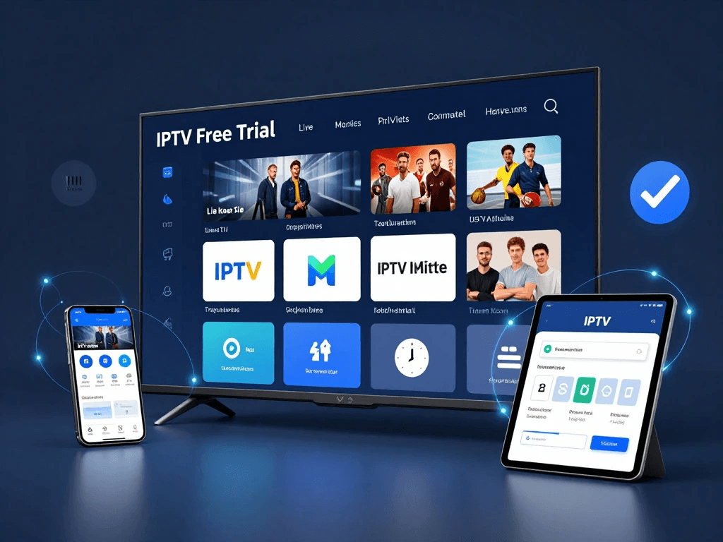 IPTV Free Trial comparison showing streaming devices, smart TV entertainment, and trial testing features