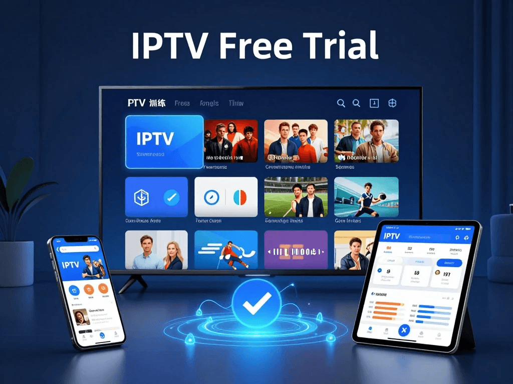IPTV Free Trial comparison showing streaming devices, smart TV entertainment, and trial testing features