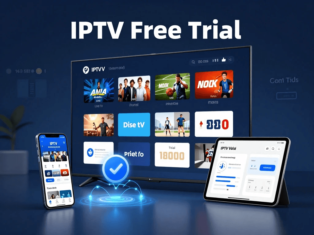 IPTV Free Trial comparison showing streaming devices, smart TV entertainment, and trial testing features