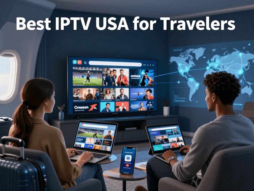 Traveler using IPTV USA service to watch live TV channels on laptop and smart TV while abroad