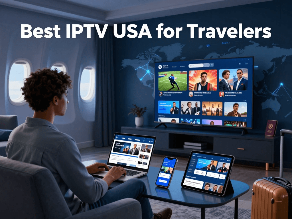 IPTV for travelers showing online TV streaming access on multiple devices around the world