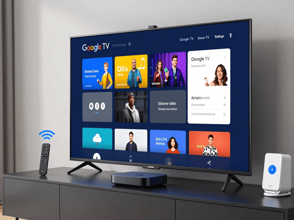 Google TV setup guide showing smart TV installation, streaming apps, and remote configuration
