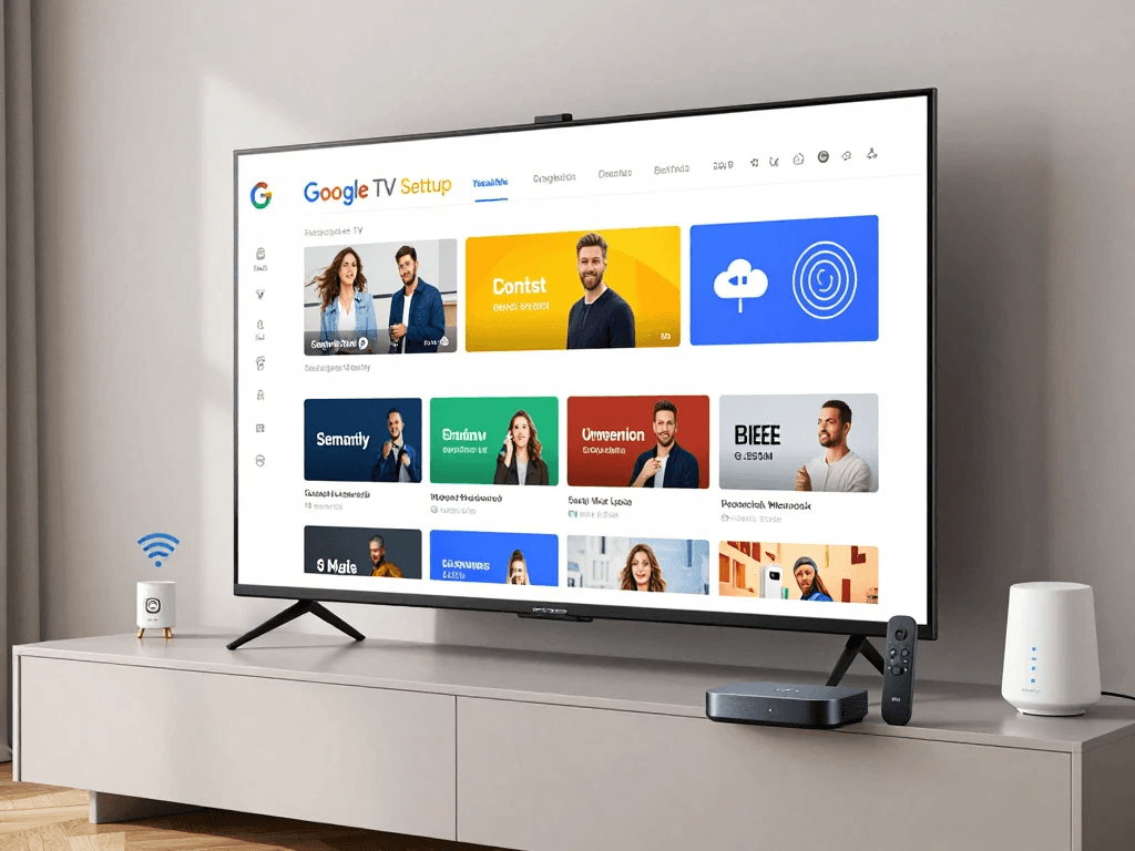 Google TV setup guide showing smart TV installation, streaming apps, and remote configuration