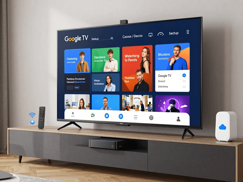 Google TV setup guide showing smart TV installation, streaming apps, and remote configuration