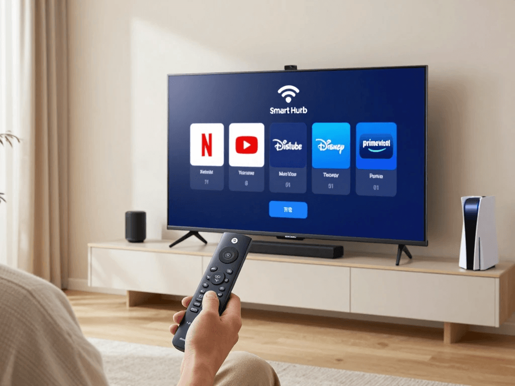 Samsung Smart TV setup guide showing a modern living room with a TV connected to Wi-Fi and streaming apps