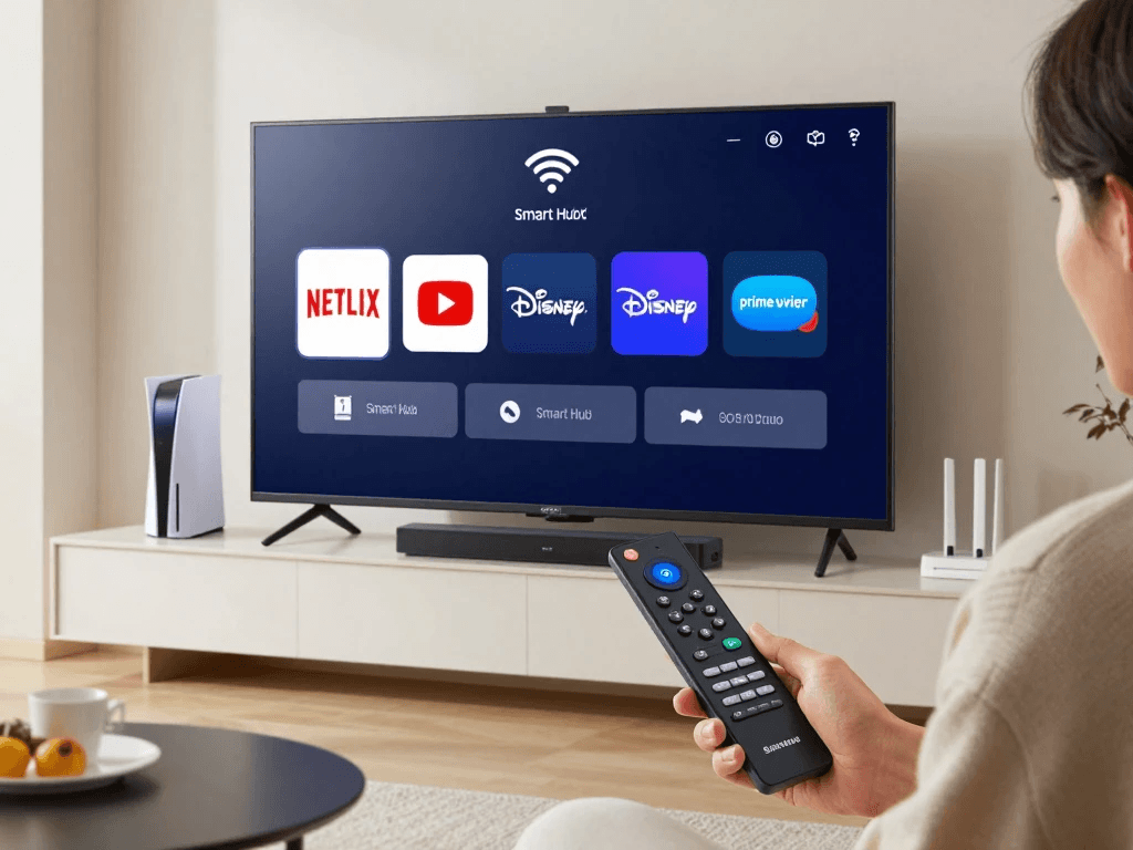 Samsung Smart TV setup process with Smart Hub, Wi-Fi connection, and streaming apps displayed on screen