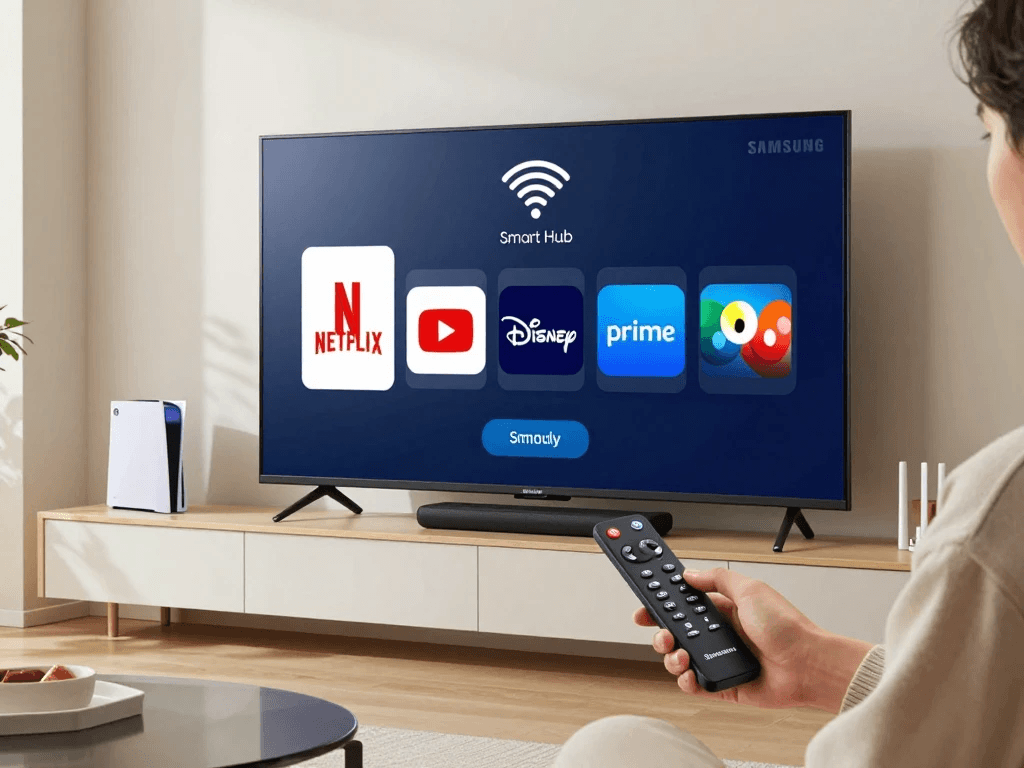Samsung Smart TV installation guide showing smart TV configuration in a modern home