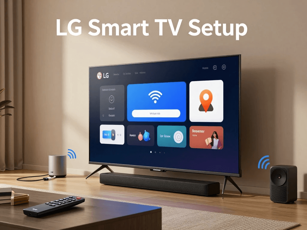 LG Smart TV setup process showing WiFi connection, apps installation, and home entertainment configuration