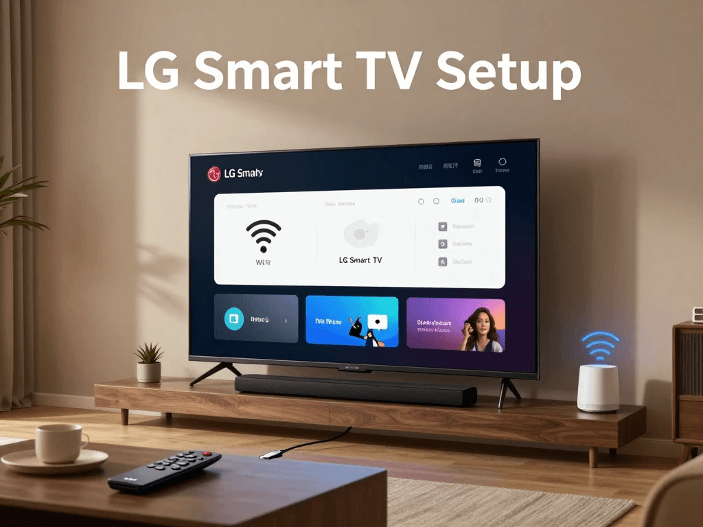 LG Smart TV setup process showing WiFi connection, apps installation, and home entertainment configuration
