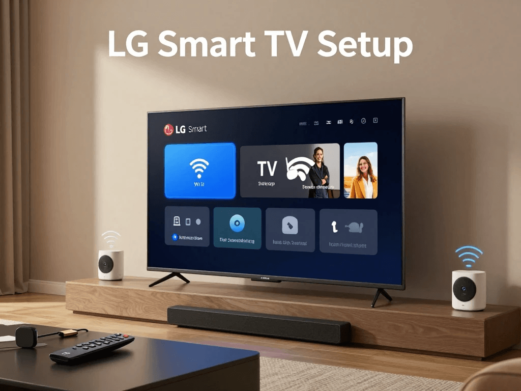 LG Smart TV setup process showing WiFi connection, apps installation, and home entertainment configuration