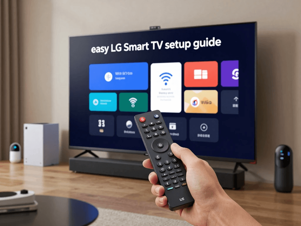 LG Smart TV setup process showing WiFi connection, apps installation, and home entertainment configuration