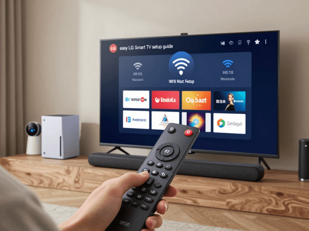 LG Smart TV setup process showing WiFi connection, apps installation, and home entertainment configuration
