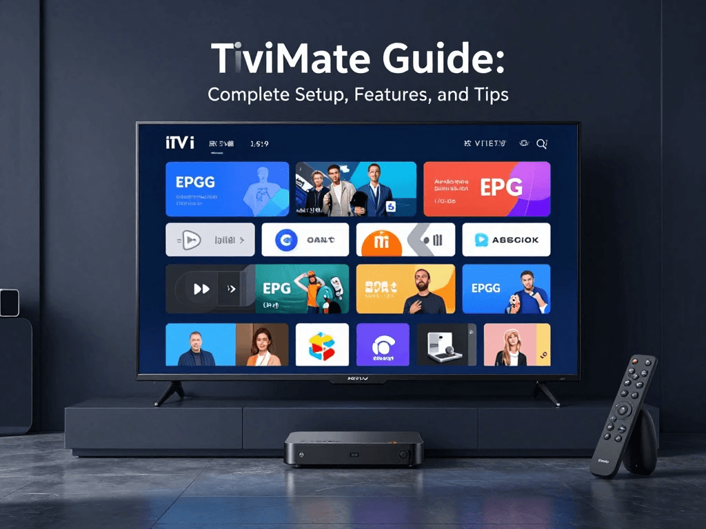 TiviMate Guide showing IPTV player setup on a smart TV with live channels and electronic program guide