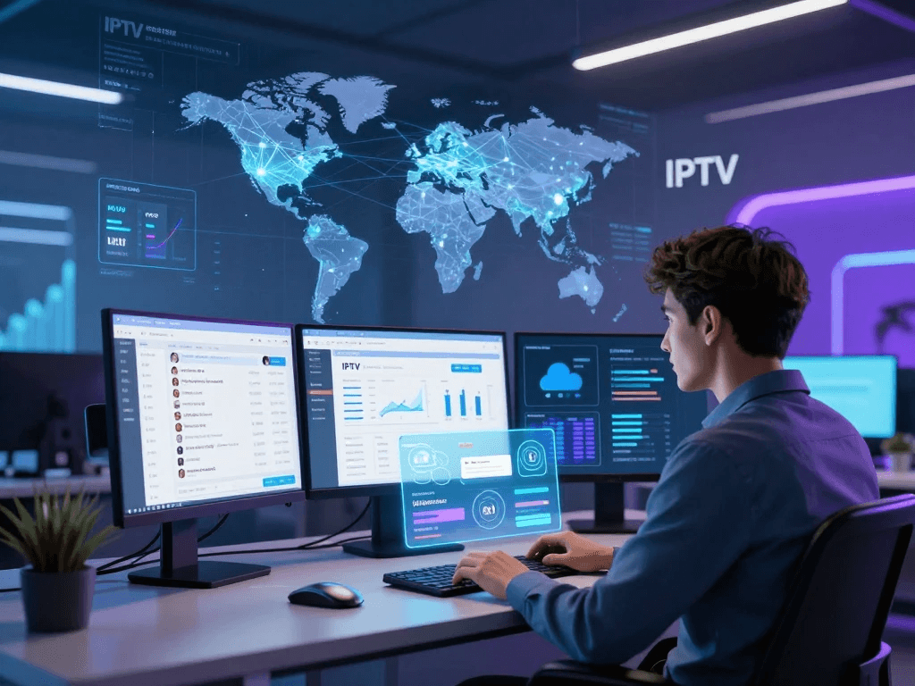 Professional IPTV Reseller Panel dashboard with reseller credits, subscription management, customer analytics, and business automation displayed on multiple monitors in a modern office.