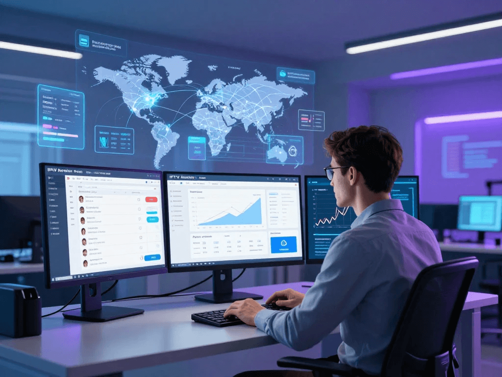 Professional IPTV Reseller Panel dashboard showing reseller credits, customer management, and subscription analytics on multiple monitors.