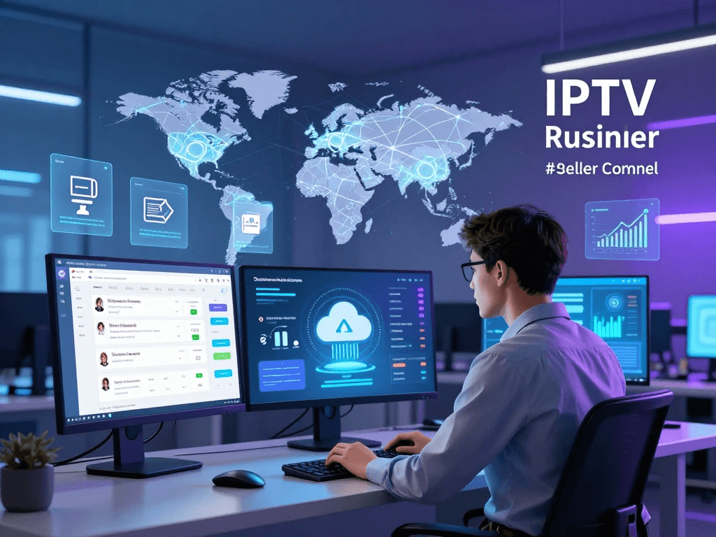 Entrepreneur building an IPTV business using a laptop, analytics dashboard, and automated reseller tools.