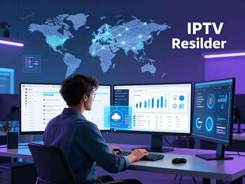 Digital illustration of IPTV reseller credits flowing through an automated subscription management system.