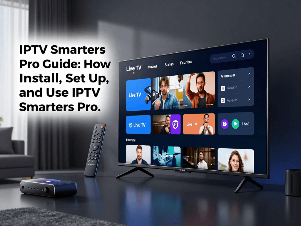 IPTV Smarters Pro guide showing a smart TV streaming interface