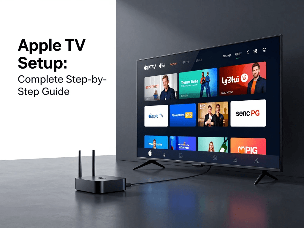 Apple TV IPTV setup showing IPTV channels and EPG on a 4K television