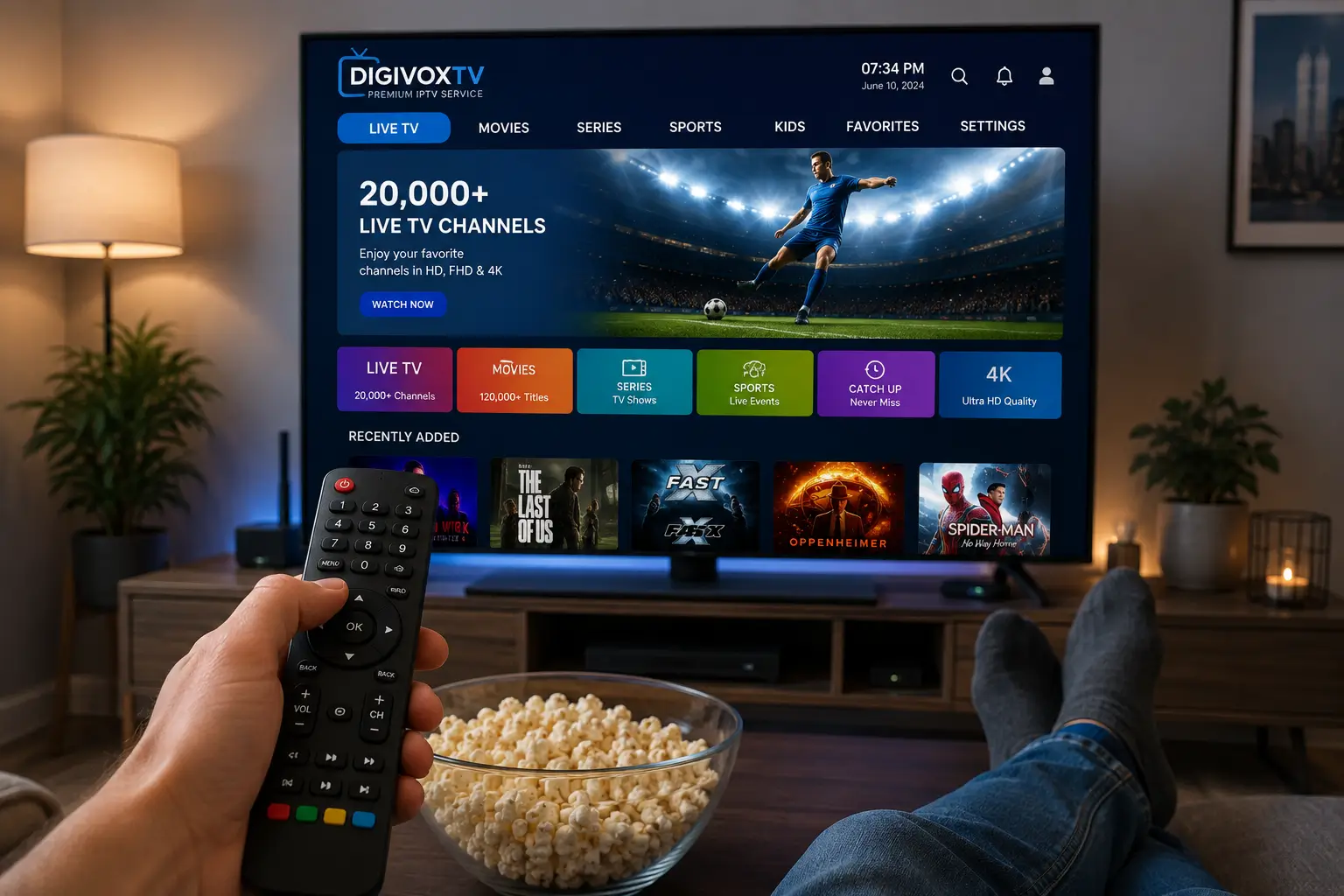 A person relaxes on a couch holding a TV remote while watching a premium IPTV interface on a large smart TV, with a bowl of popcorn on the coffee table in a cozy modern living room.