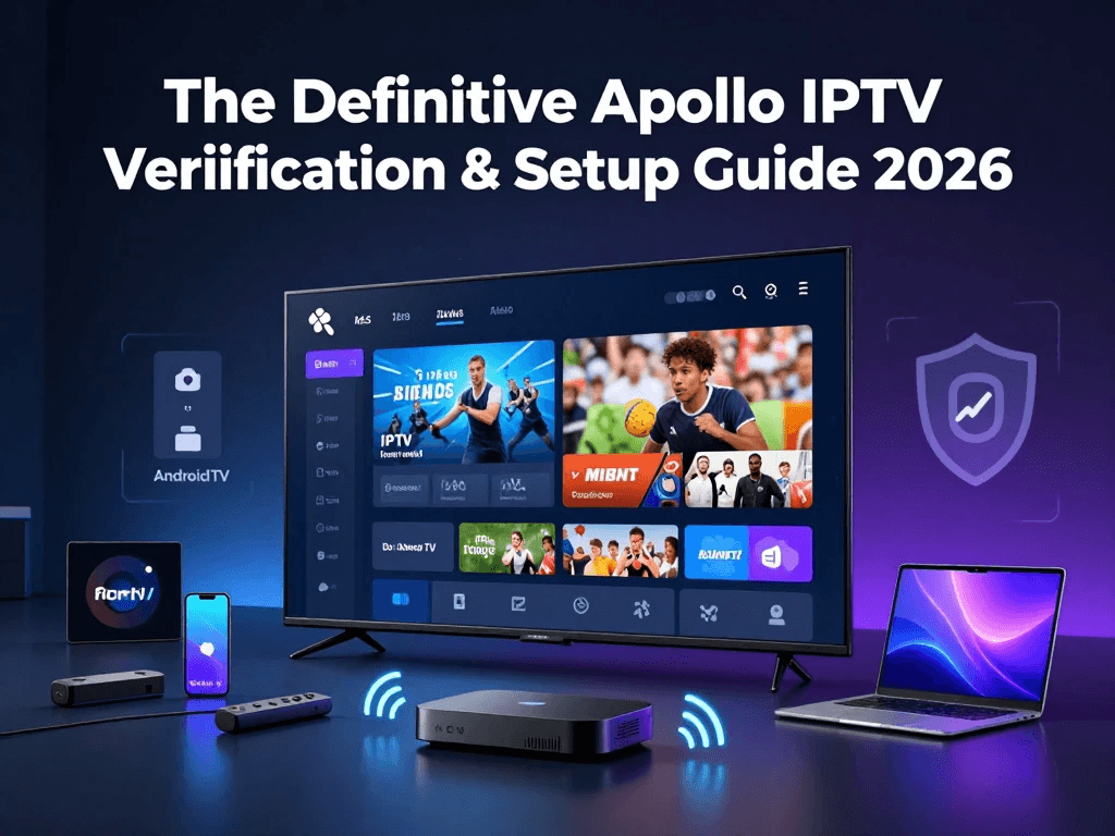 Apollo IPTV verification and setup guide showing IPTV streaming devices and smart TV interface