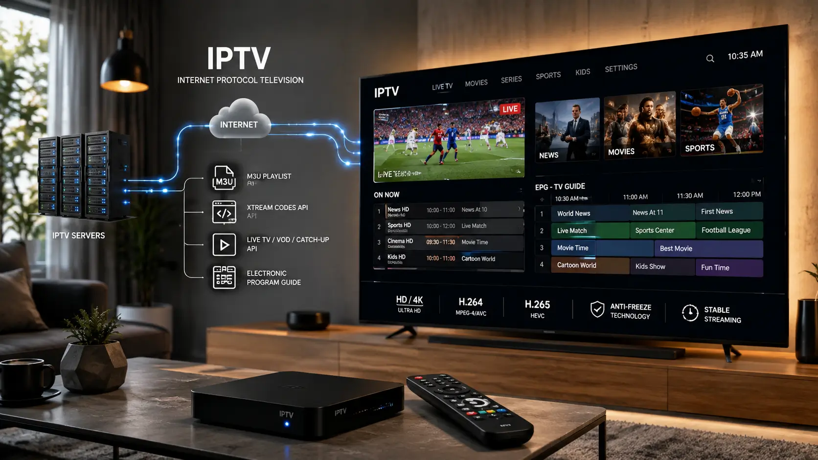Best IPTV technology guide showing IPTV servers, EPG, M3U playlist and 4K streaming