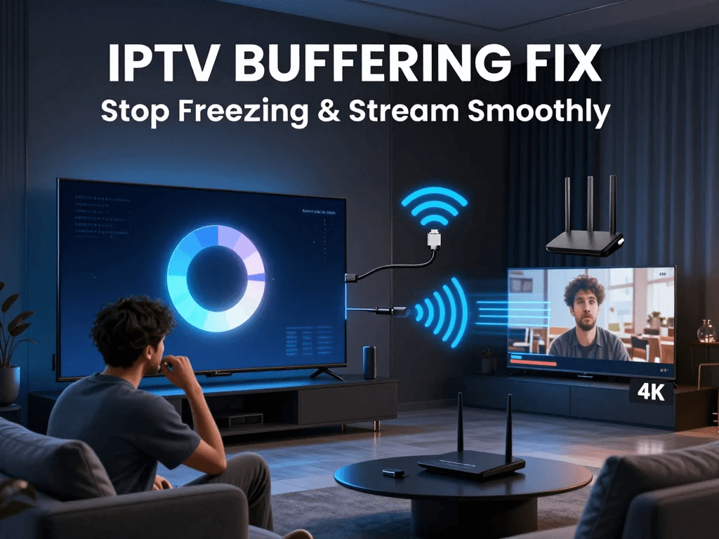IPTV buffering fix showing a smart TV with a frozen streaming screen