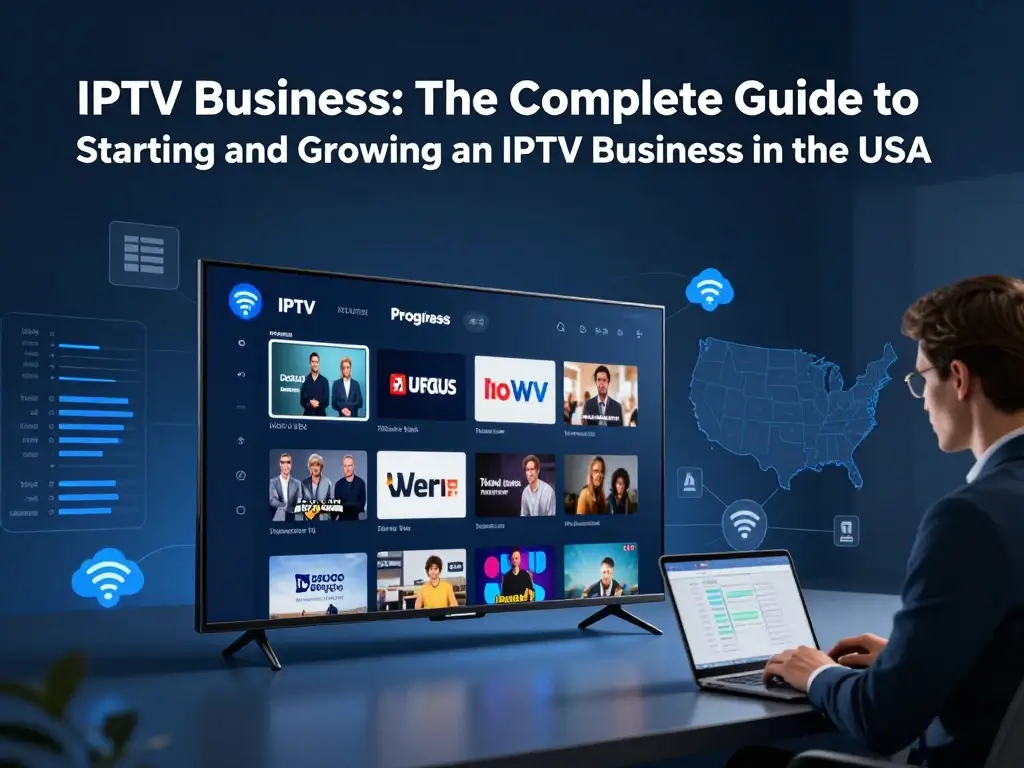 IPTV business guide showing a smart TV streaming interface and business analytics