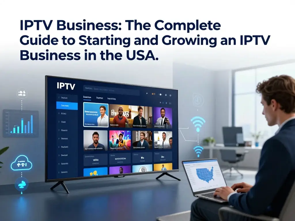 IPTV business model showing subscriptions, streaming infrastructure, customers, and analytics