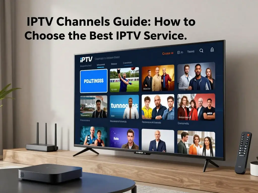 IPTV channels guide showing live TV, sports, news and entertainment on a smart TV