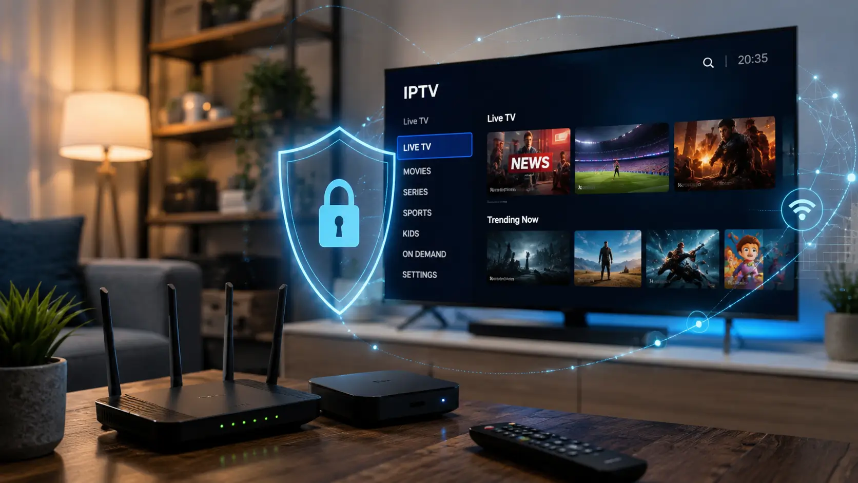 IPTV safety guide showing a secure streaming setup with a Smart TV, router, and security shield
