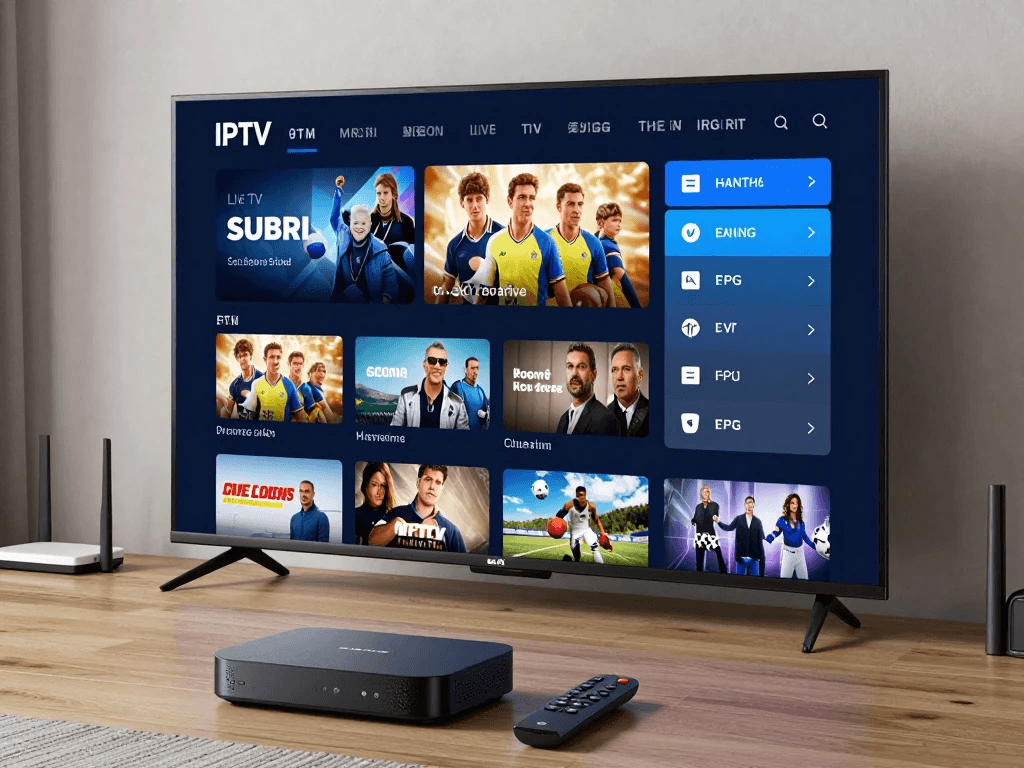 Modern smart TV setup showing a month IPTV subscription streaming guide