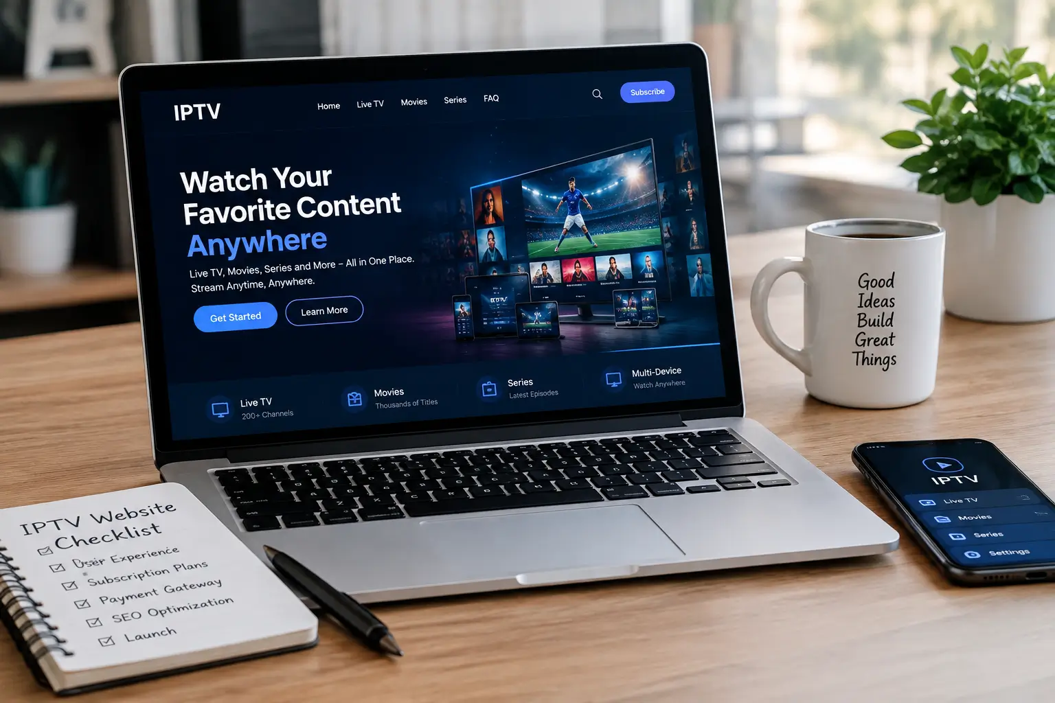 Professional IPTV website homepage with streaming service plans