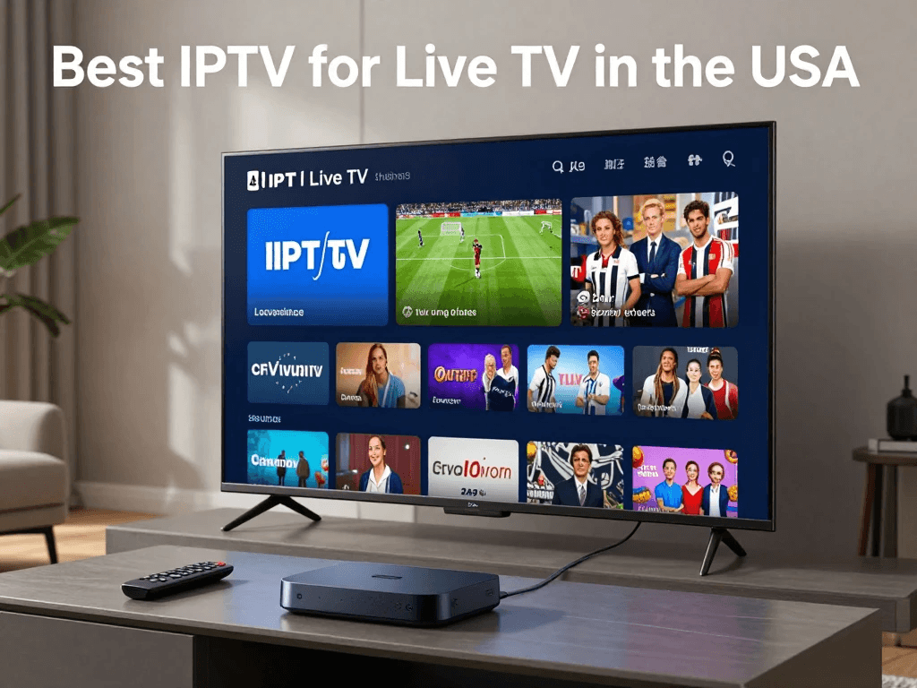 Modern smart TV showing live TV streaming through an IPTV service in a U.S. home