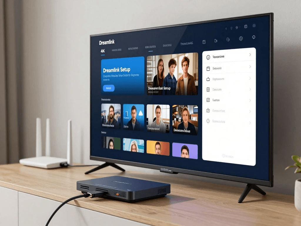Dreamlink Setup guide showing IPTV receiver connected to a 4K smart TV