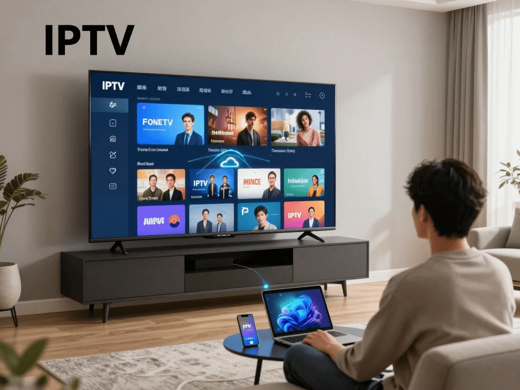 Illustration showing how IPTV works from content servers through internet networks to smart TVs and streaming devices