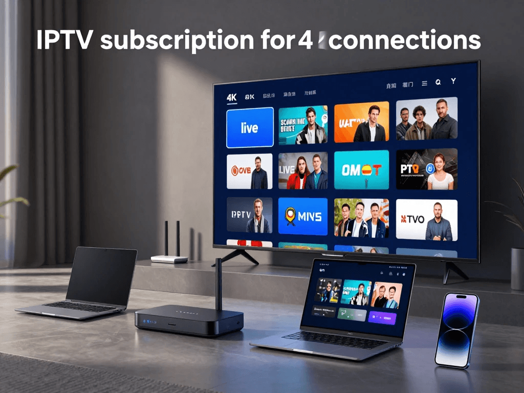 IPTV 4 connections streaming on smart TV, laptop, smartphone and streaming device