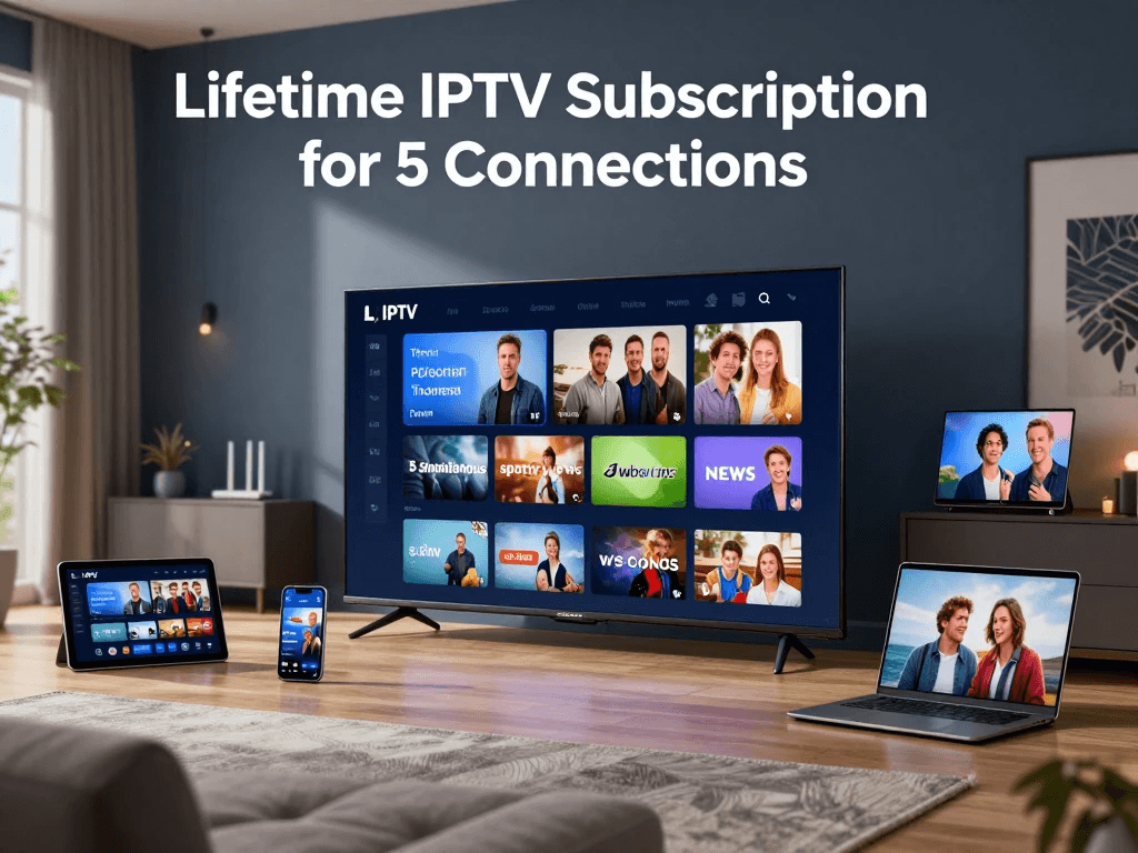 IPTV subscription with 5 connections across smart TV phone tablet and laptop