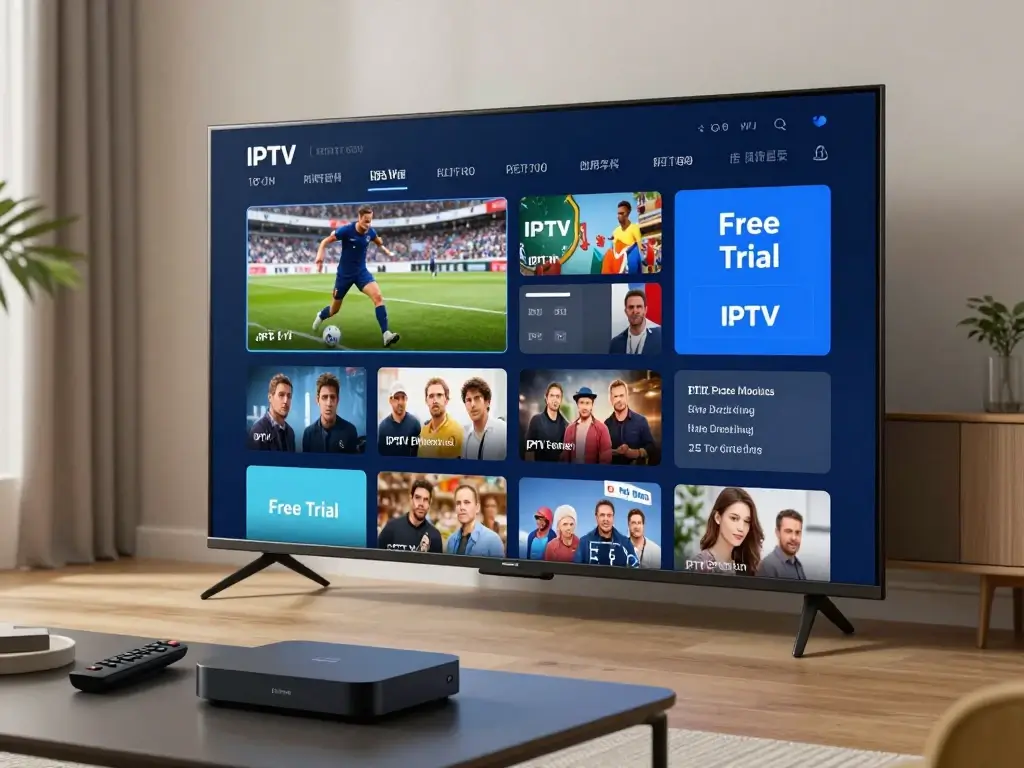 IPTV Free Trial showing live sports channels on television