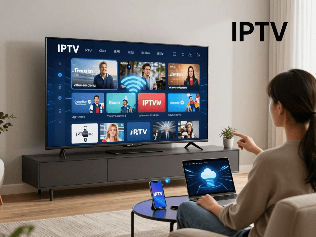 Smart TV, smartphone, tablet, and streaming device connected for IPTV entertainment setup