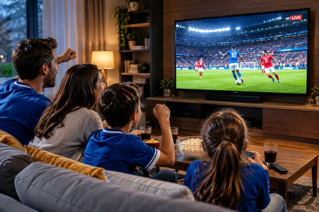 Family watching live sports with an IPTV subscription