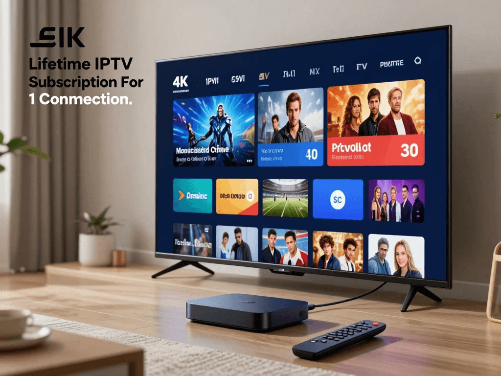 IPTV subscription displayed on a 4K smart TV with streaming device