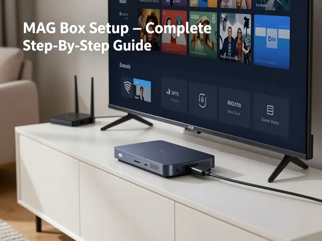 MAG Box setup with TV, HDMI cable, Ethernet connection, and remote.