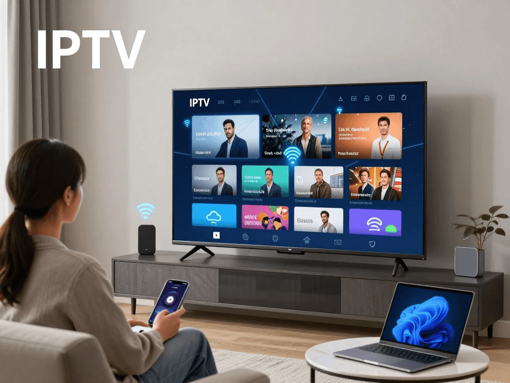 What Is IPTV? showing a smart TV with IPTV services, internet streaming channels, and digital entertainment content in a modern home setup