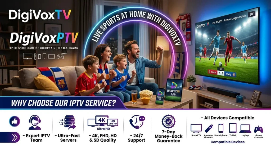 DigiVoxTV IPTV subscription for live sports streaming on compatible devices with HD and 4K content.