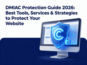 DMCA protection guide 2026 showing a digital shield protecting website content and copyright