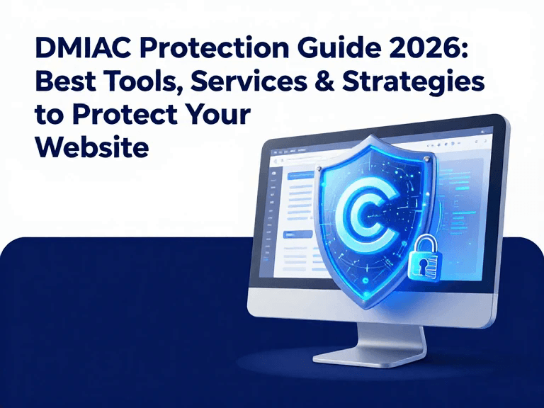 DMCA protection guide 2026 showing a digital shield protecting website content and copyright
