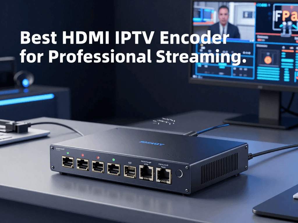 HDMI to IP video encoder connected to a monitor and Ethernet network